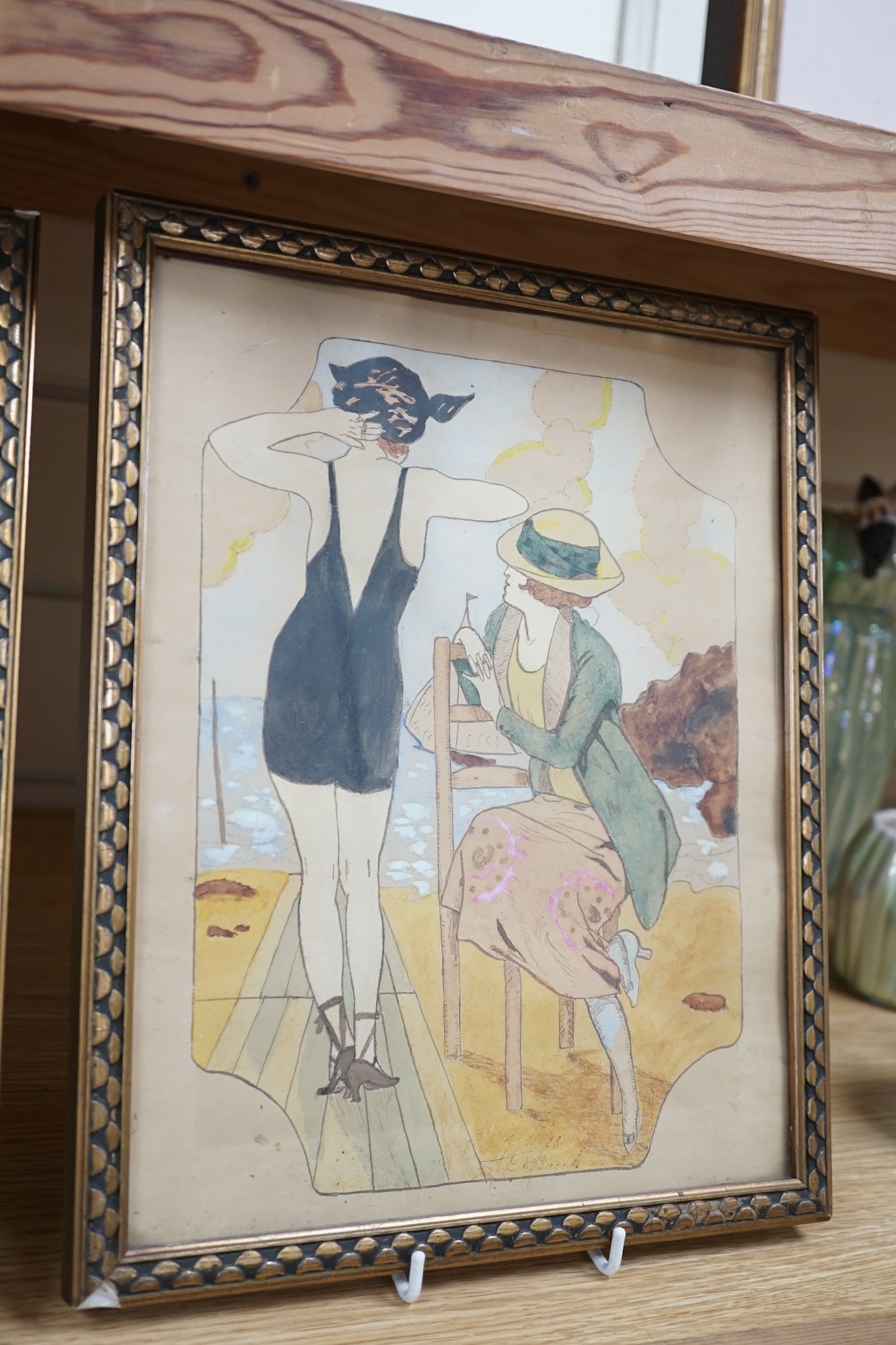 From the Studio of Fred Cuming. 20th century school, pair of watercolours, Art Deco ladies, each signed Beech?, dated ‘23, 28 x 22cm. Condition - fair